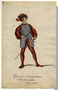 32707 Afbeelding van een kostuumontwerp van de schutmeester Govert Schenckbier, figurant in de maskerade van de ...